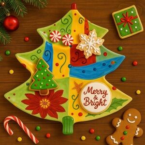 Corsica Holiday Quilt Ceramic Christmas Tree Divided Dish Platter NEW